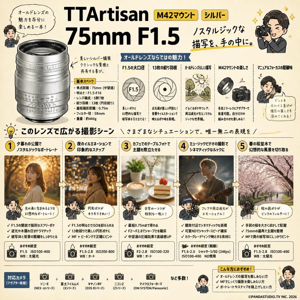 TTArtisan 75mm F1.5 M42マウント シルバー 用途