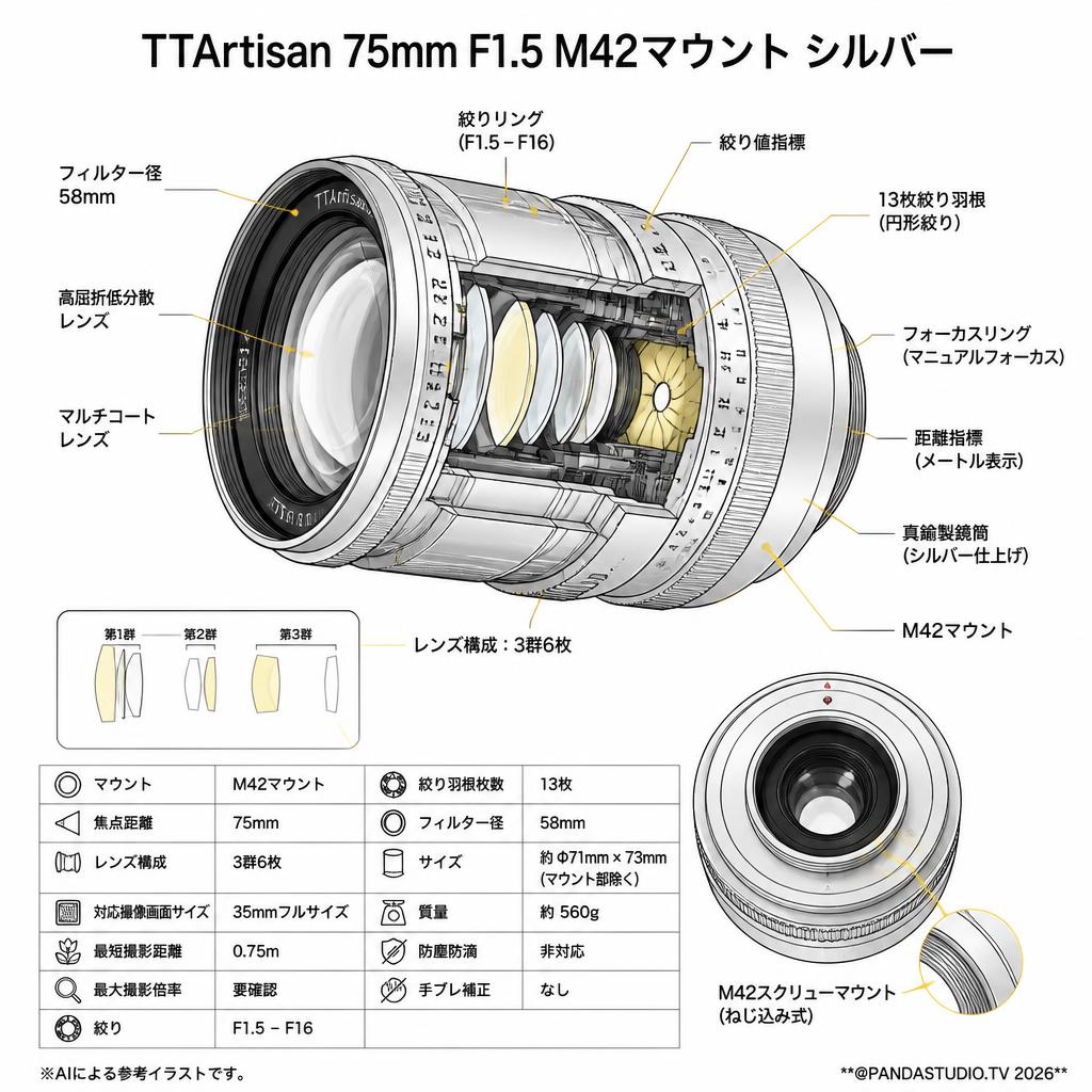 TTArtisan 75mm F1.5 M42マウント シルバー スペック