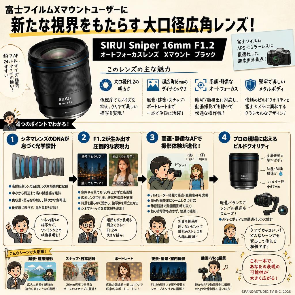 SIRUI Sniper 16mm  F1.2 オートフォーカスレンズ  Xマウント ブラック 概要
