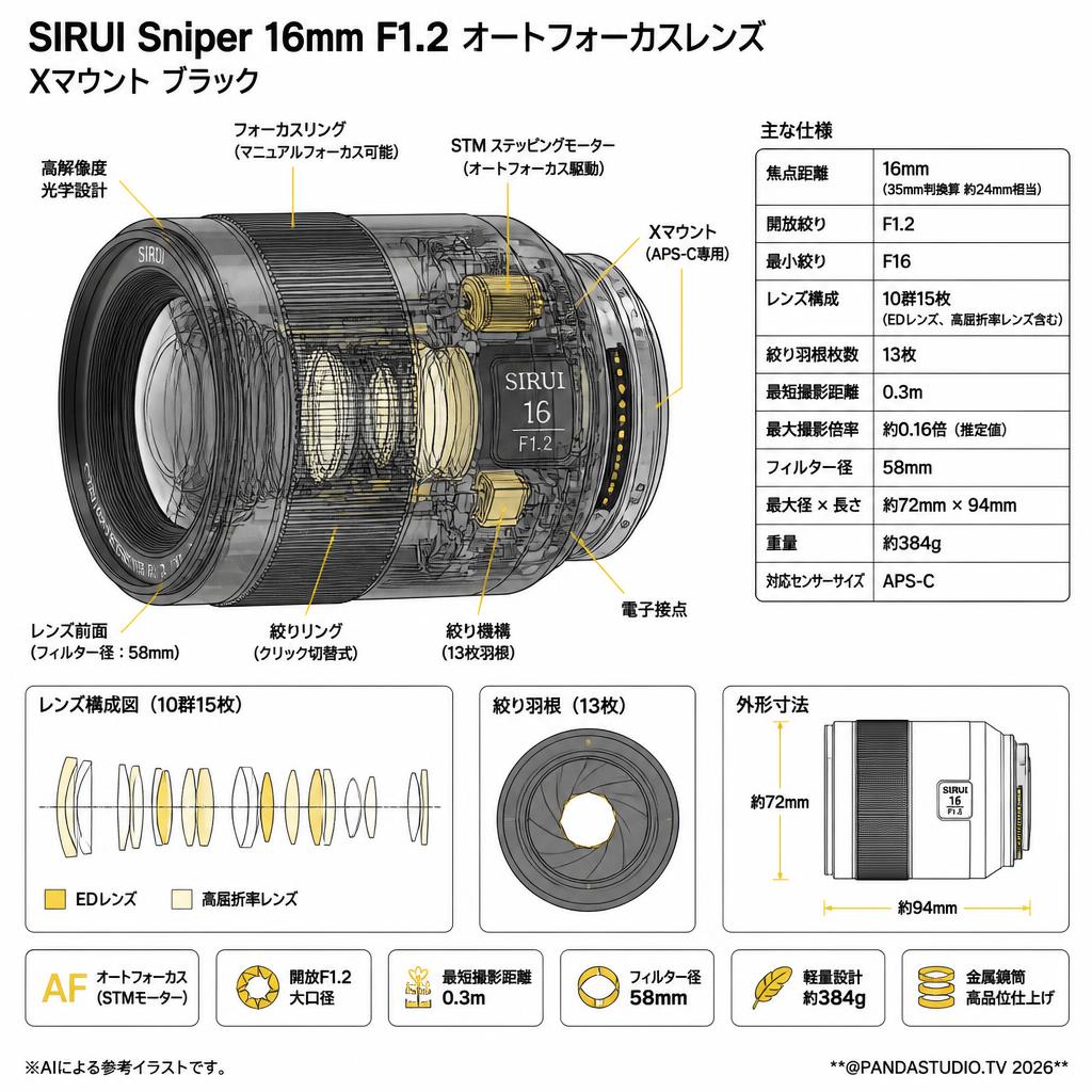 SIRUI Sniper 16mm  F1.2 オートフォーカスレンズ  Xマウント ブラック スペック
