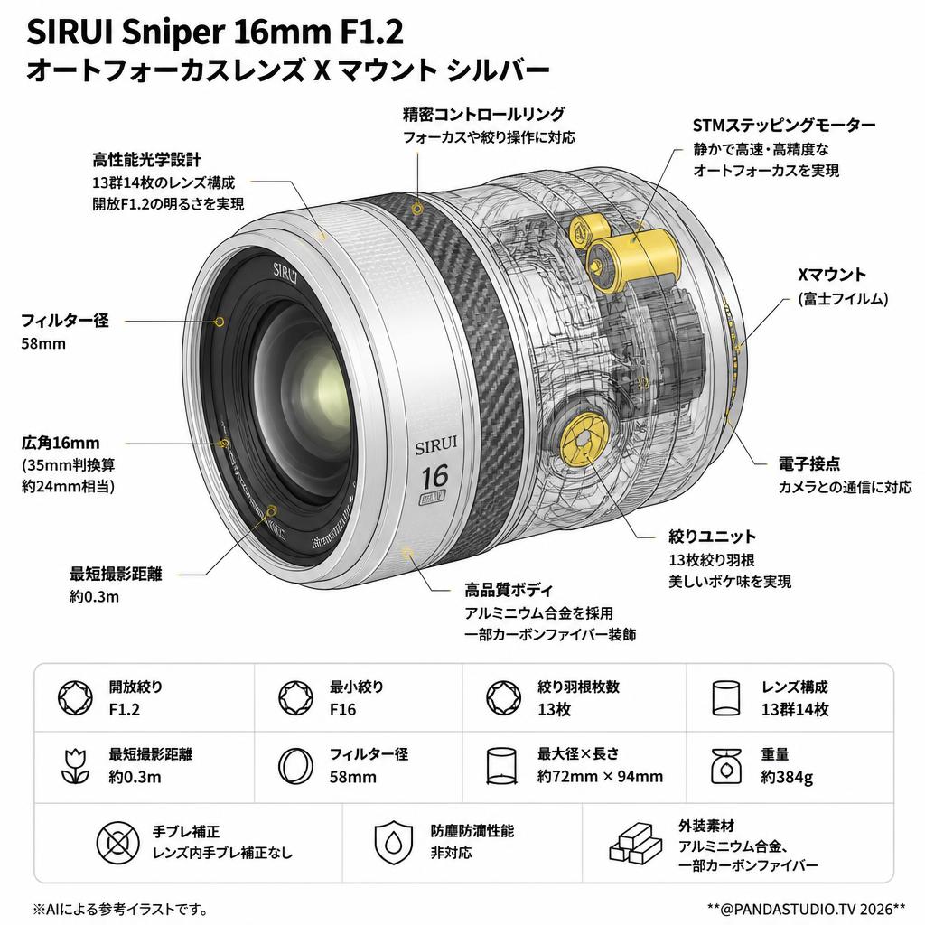 SIRUI Sniper 16mm  F1.2 オートフォーカスレンズ X マウント シルバー スペック