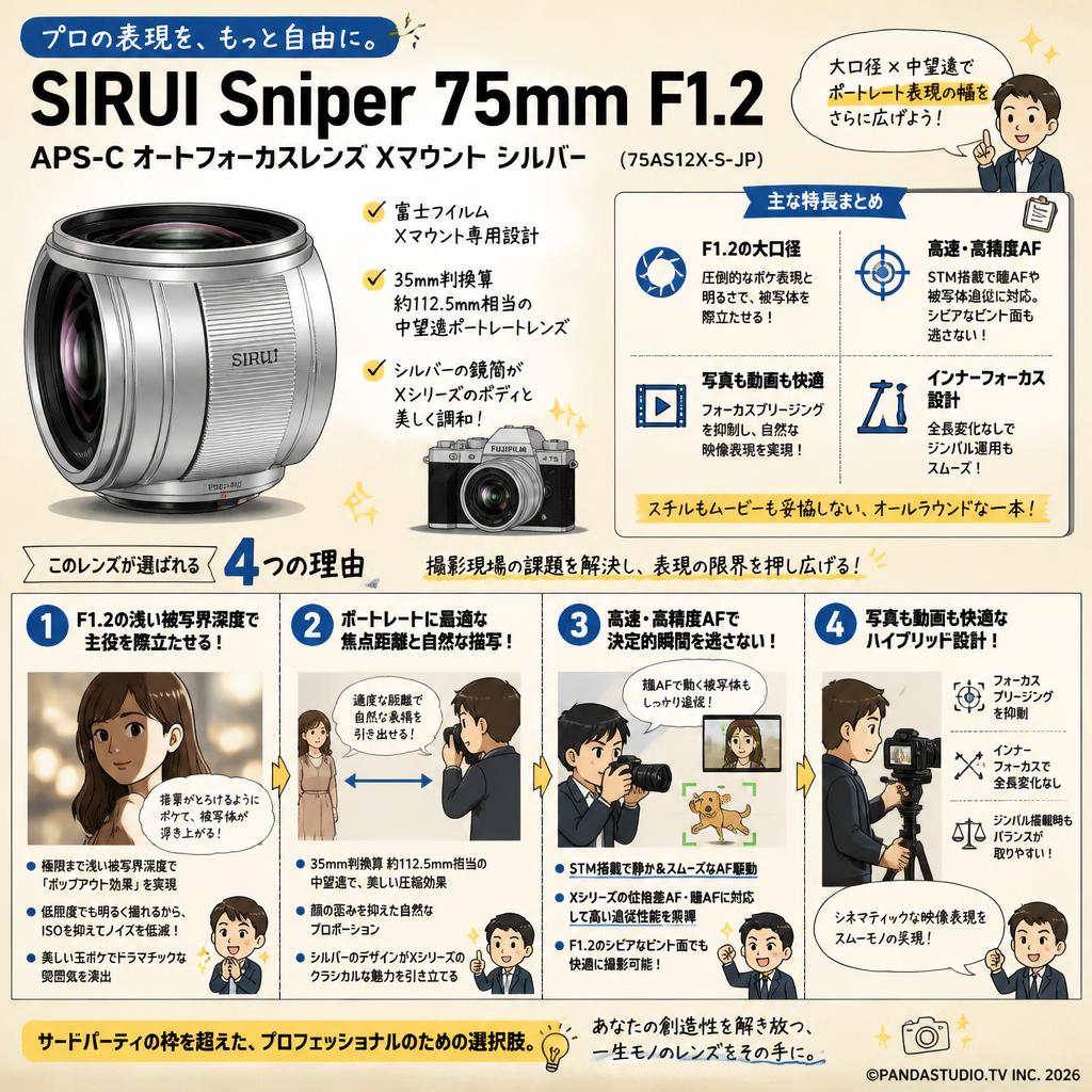 SIRUI Sniper 75mm F1.2 APS-C オートフォーカスレンズ  Xマウント シルバー（75AS12X-S-JP) 概要