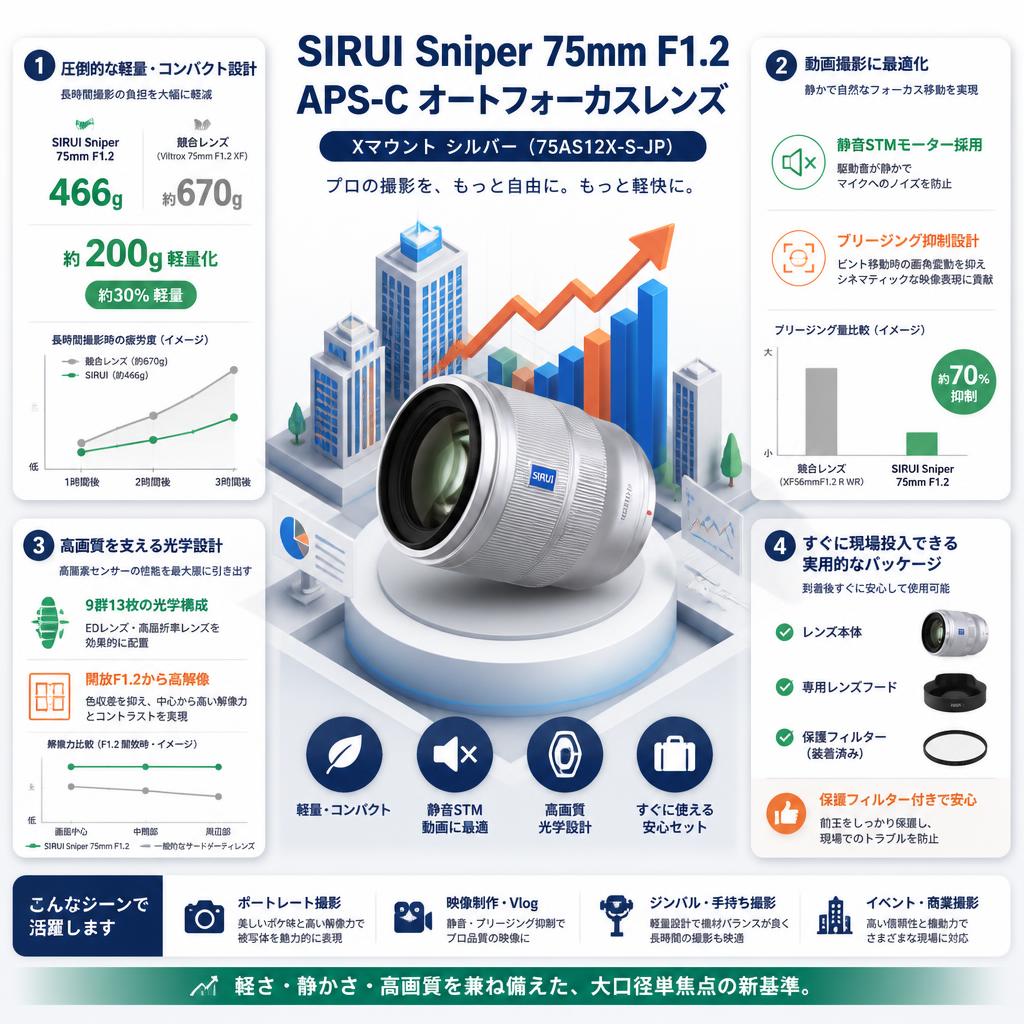 SIRUI Sniper 75mm F1.2 APS-C オートフォーカスレンズ  Xマウント シルバー（75AS12X-S-JP) セールスポイント