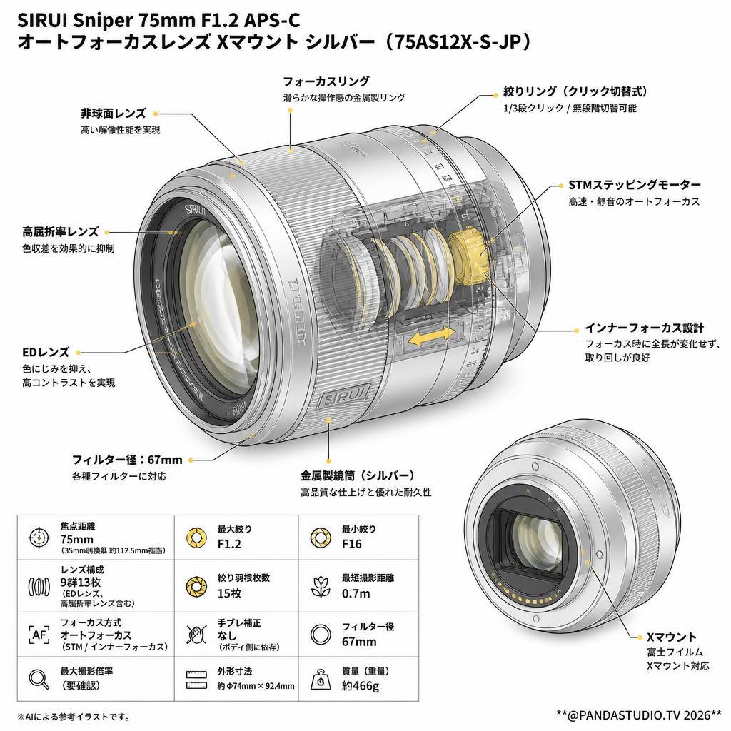 SIRUI Sniper 75mm F1.2 APS-C オートフォーカスレンズ  Xマウント シルバー（75AS12X-S-JP) スペック