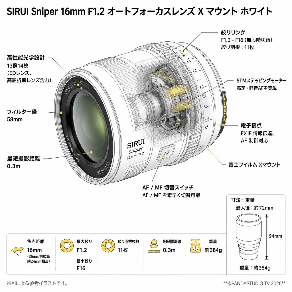 SIRUI Sniper 16mm F1.2 オートフォーカスレンズ X マウント ホワイト スペック