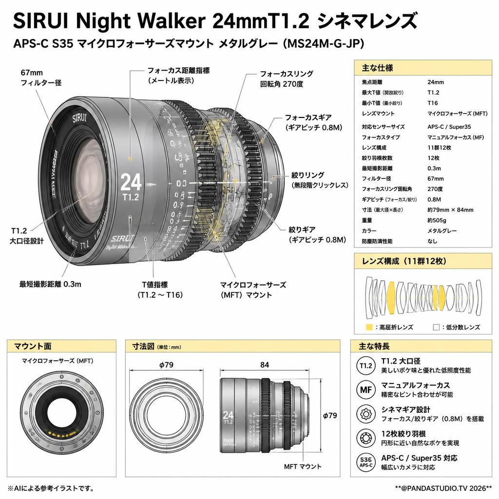 SIRUI Night Walker 24mmT1.2 シネマレンズ APS-C S35 マイクロフォーサーズマウント メタルグレー (MS24M-G-JP) スペック