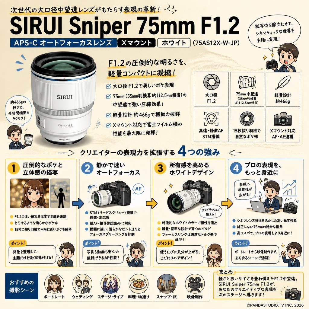 SIRUI Sniper 75mm F1.2 APS-C オートフォーカスレンズ  Xマウント ホワイト（75AS12X-W-JP) 概要