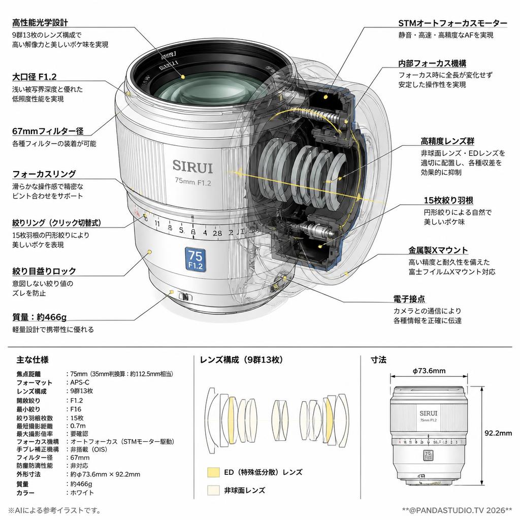 SIRUI Sniper 75mm F1.2 APS-C オートフォーカスレンズ  Xマウント ホワイト（75AS12X-W-JP) スペック