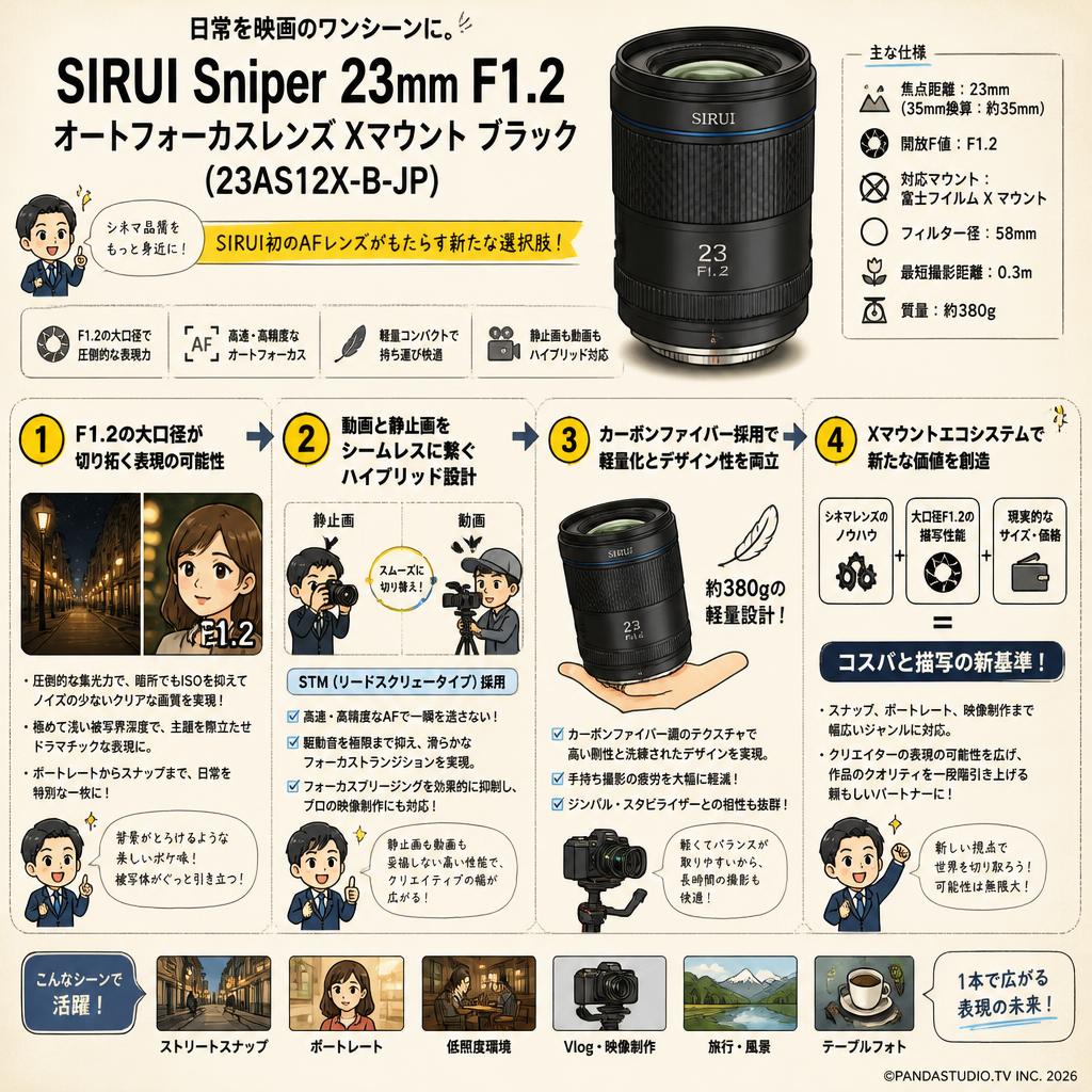 SIRUI Sniper 23mm F1.2 オートフォーカスレンズ  X マウント ブラック(23AS12X-B-JP) 概要