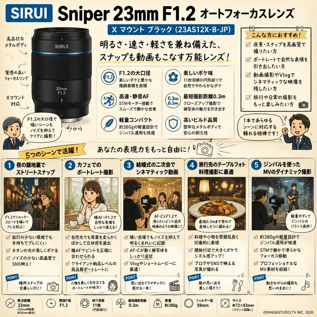 SIRUI Sniper 23mm F1.2 オートフォーカスレンズ  X マウント ブラック(23AS12X-B-JP) 用途
