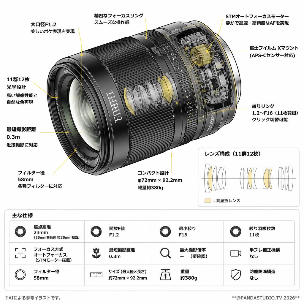 SIRUI Sniper 23mm F1.2 オートフォーカスレンズ  X マウント ブラック(23AS12X-B-JP) スペック
