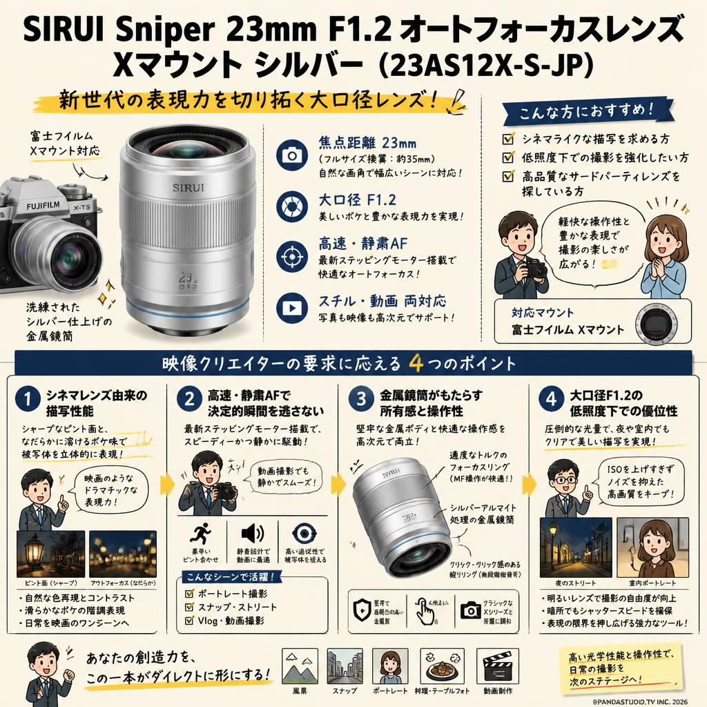 SIRUI Sniper 23mm F1.2 オートフォーカスレンズ  Xマウント シルバー (23AS12X-S-JP) 概要