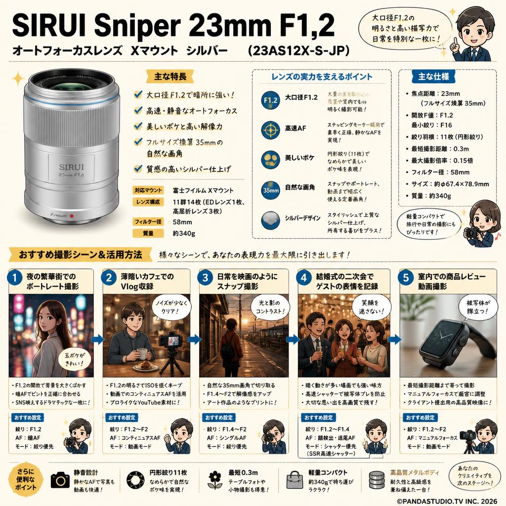 SIRUI Sniper 23mm F1.2 オートフォーカスレンズ  Xマウント シルバー (23AS12X-S-JP) 用途