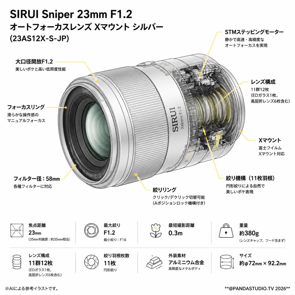 SIRUI Sniper 23mm F1.2 オートフォーカスレンズ  Xマウント シルバー (23AS12X-S-JP) スペック