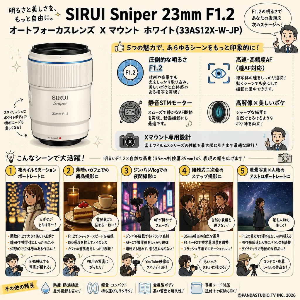 SIRUI Sniper 23mm F1.2 オートフォーカスレンズ  X マウント ホワイト(33AS12X-W-JP) 用途