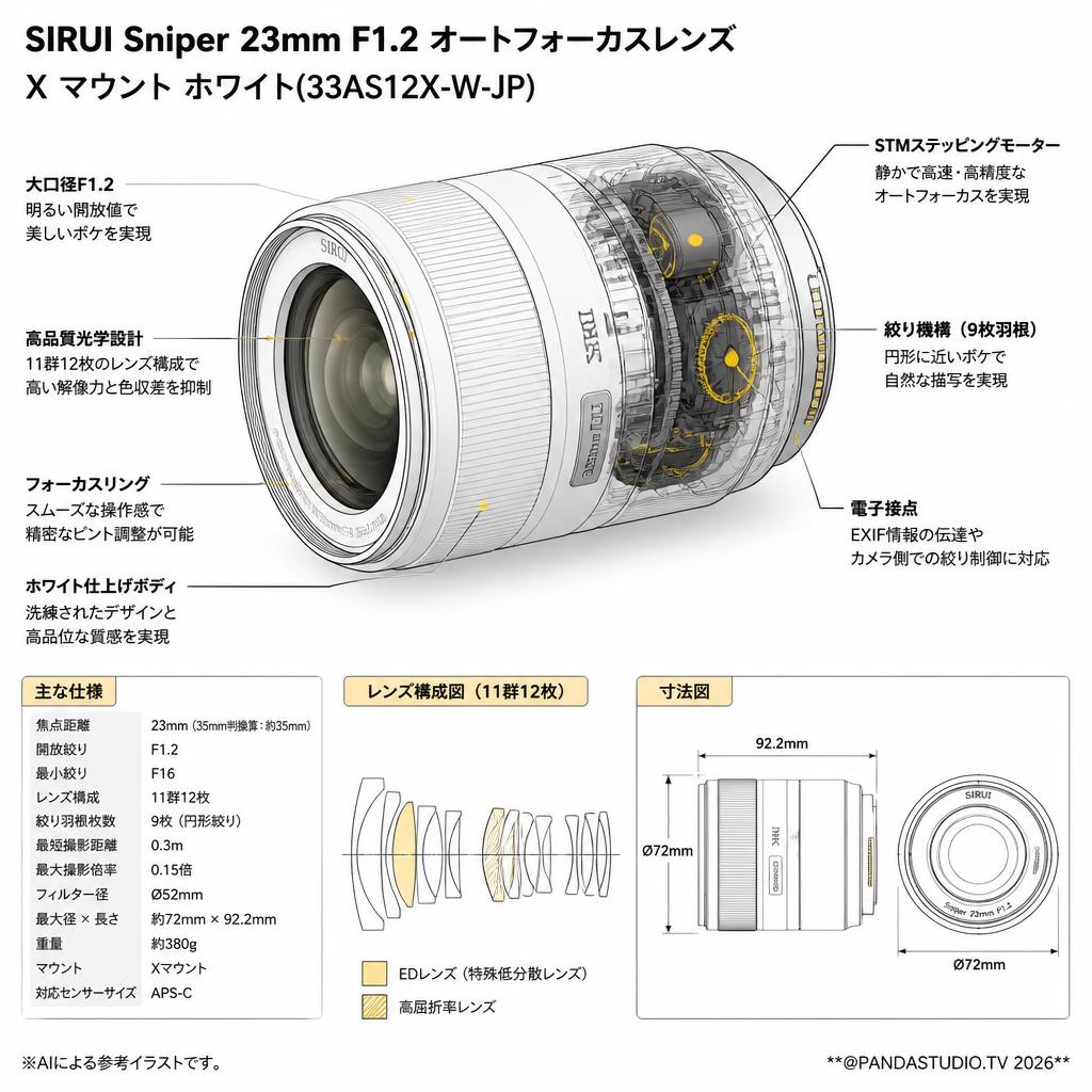 SIRUI Sniper 23mm F1.2 オートフォーカスレンズ  X マウント ホワイト(33AS12X-W-JP) スペック
