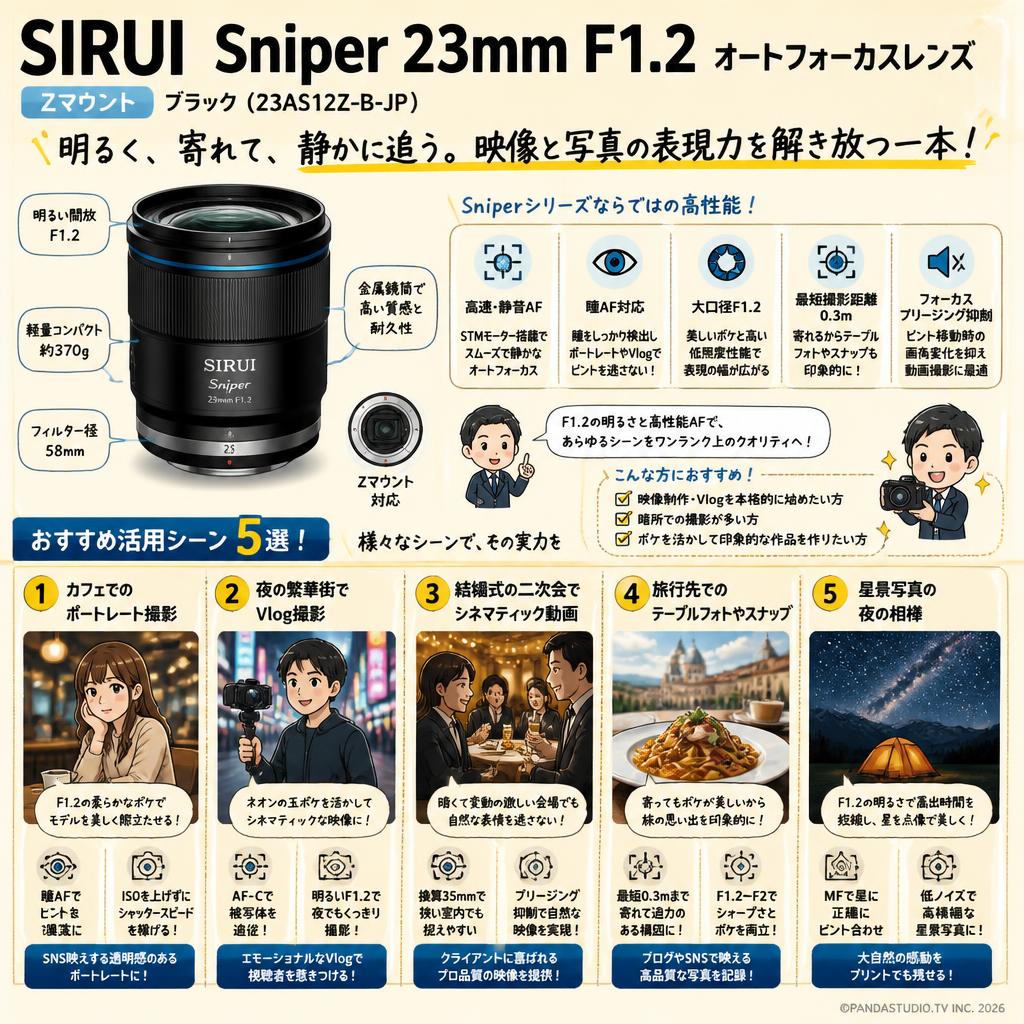 SIRUI Sniper 23mm F1.2 オートフォーカスレンズ   Zマウント ブラック (23AS12Z-B-JP) 用途