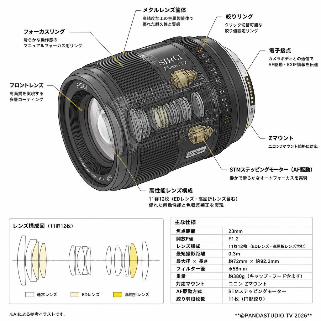SIRUI Sniper 23mm F1.2 オートフォーカスレンズ   Zマウント ブラック (23AS12Z-B-JP) スペック