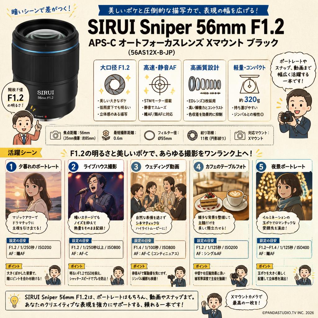SIRUI Sniper 56mm F1.2 APS-C オートフォーカスレンズ  Xマウント ブラック（56AS12X-B-JP) 用途