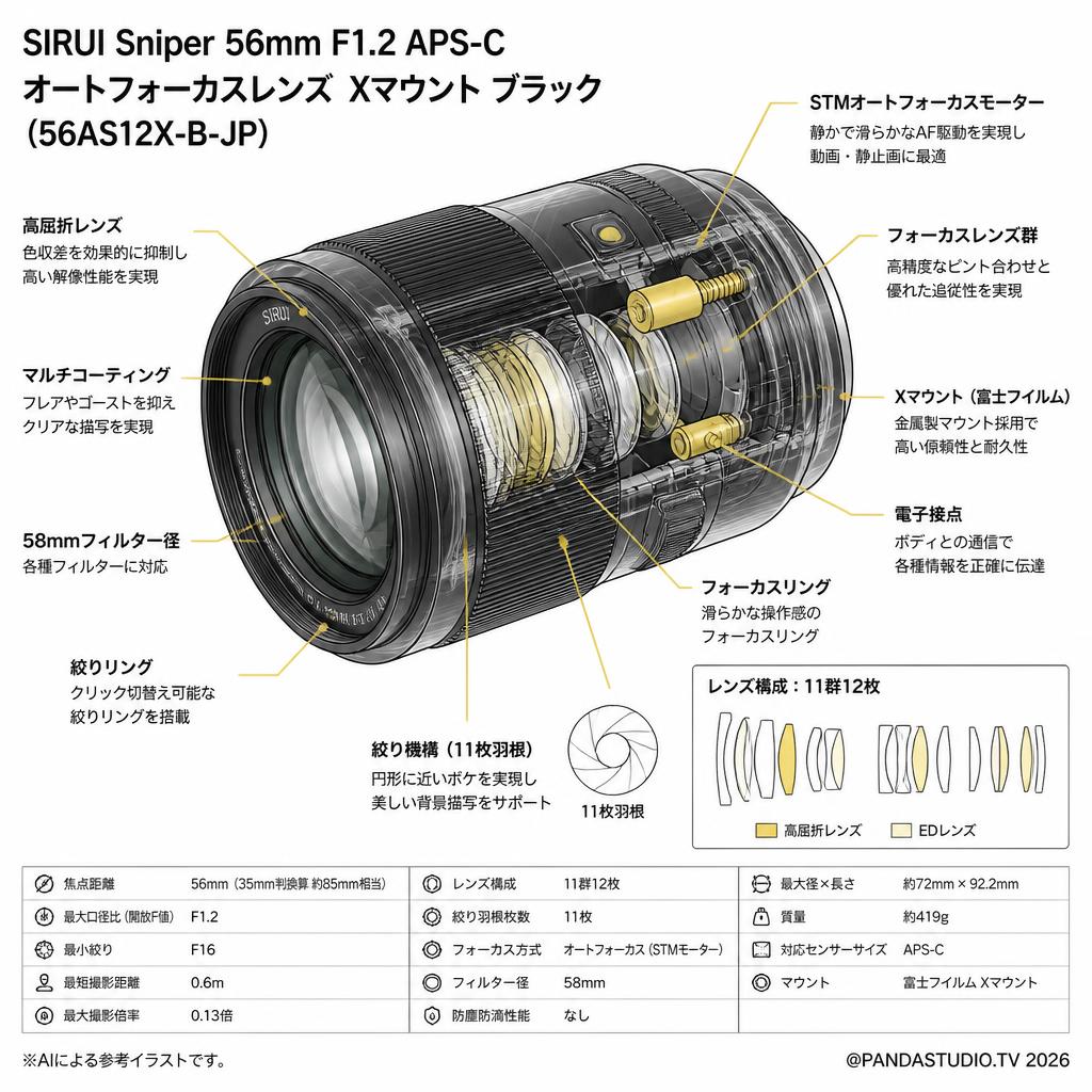 SIRUI Sniper 56mm F1.2 APS-C オートフォーカスレンズ  Xマウント ブラック（56AS12X-B-JP) スペック