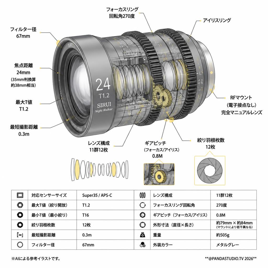 SIRUI Night Walker 24mm T1.2 シネマレンズ S35 RFマウント メタルグレー (MS24R-G-JP) スペック