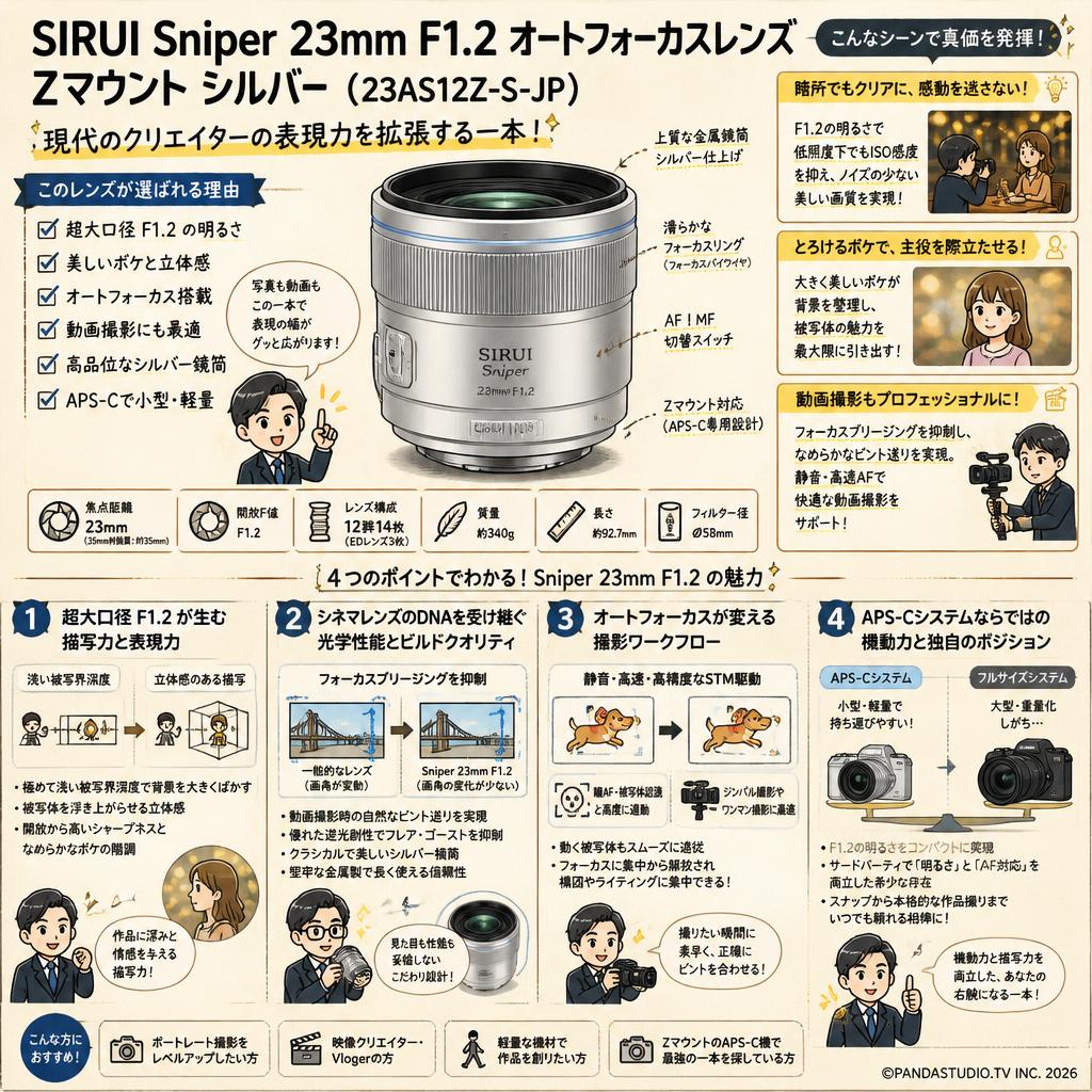 SIRUI Sniper 23mm F1.2 オートフォーカスレンズ Zマウント シルバー（23AS12Z-S-JP) 概要
