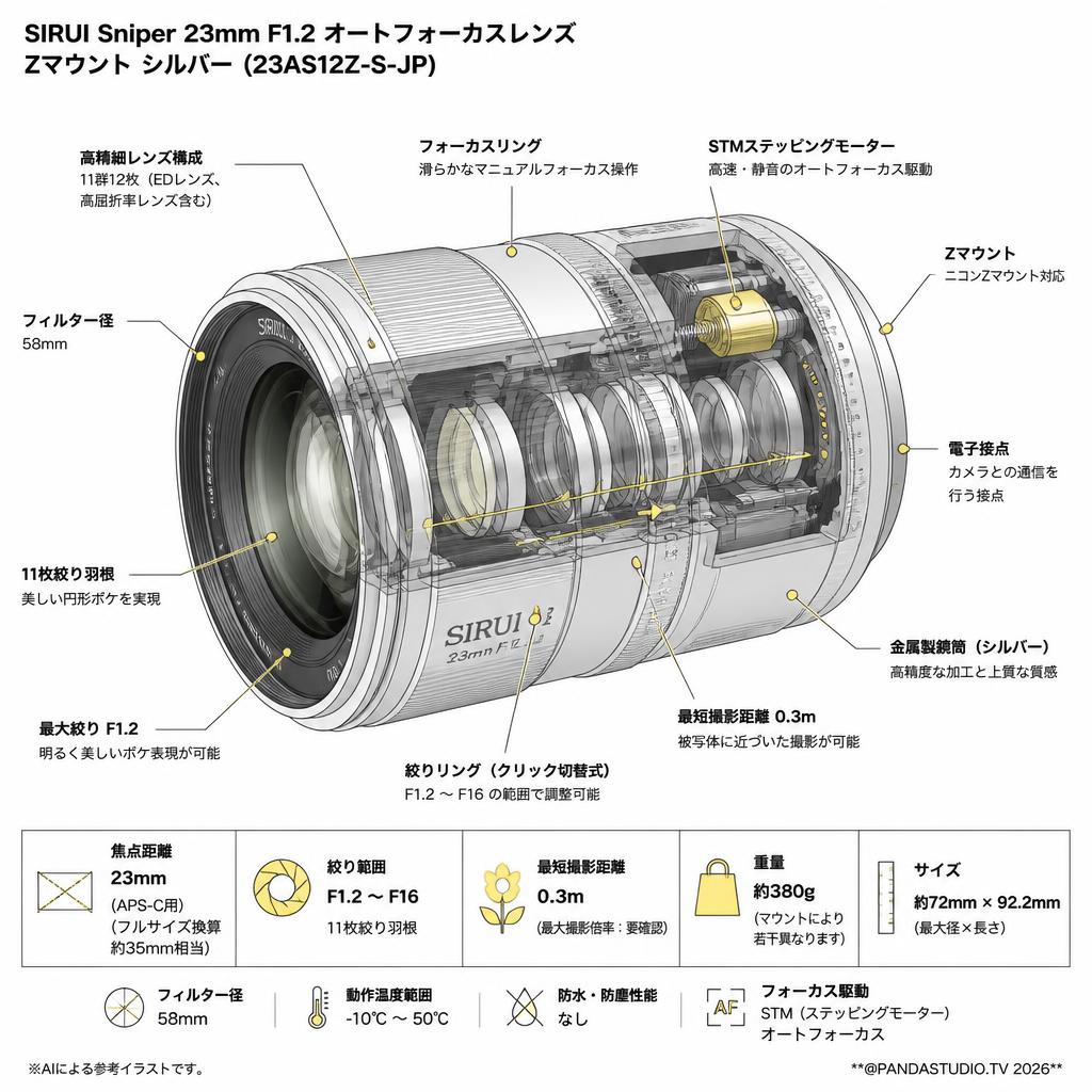 SIRUI Sniper 23mm F1.2 オートフォーカスレンズ Zマウント シルバー（23AS12Z-S-JP) スペック