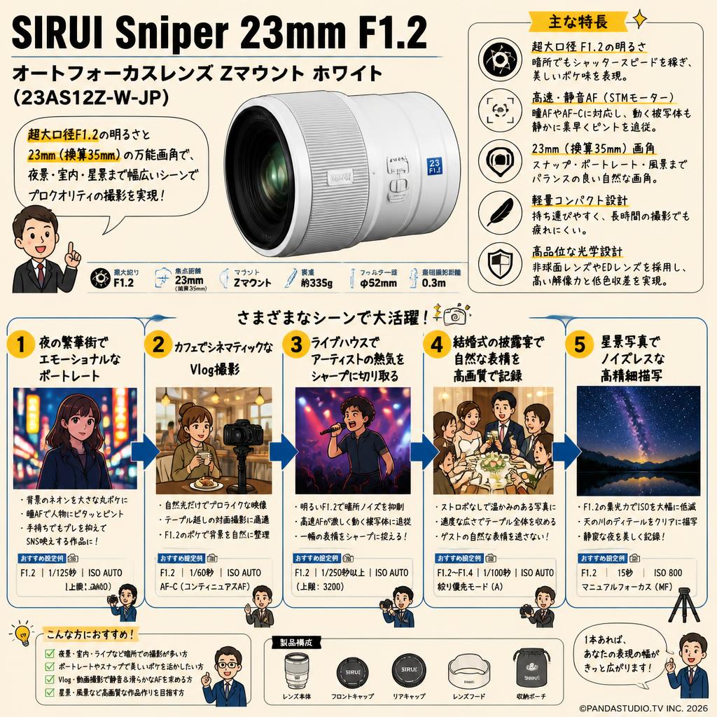 SIRUI Sniper 23mm F1.2 オートフォーカスレンズ  Zマウント ホワイト（23AS12Z-W-JP） 用途