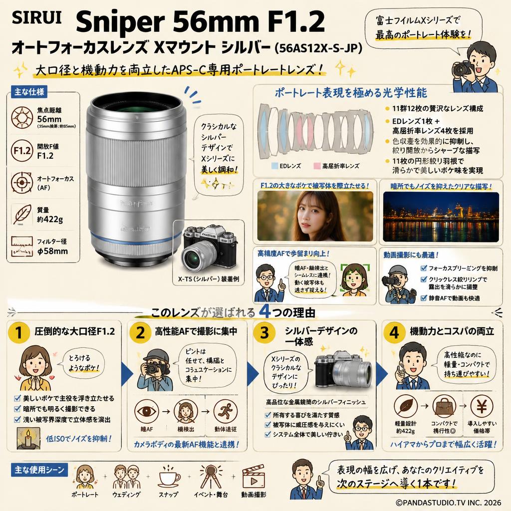SIRUI Sniper 56mm F1.2 オートフォーカスレンズ Xマウント シルバー（56AS12X-S-JP) 概要