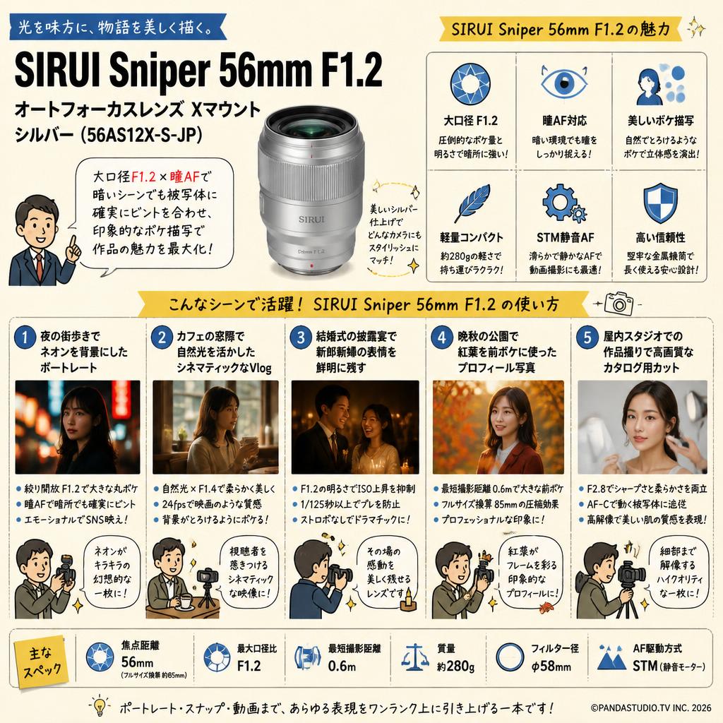 SIRUI Sniper 56mm F1.2 オートフォーカスレンズ Xマウント シルバー（56AS12X-S-JP) 用途