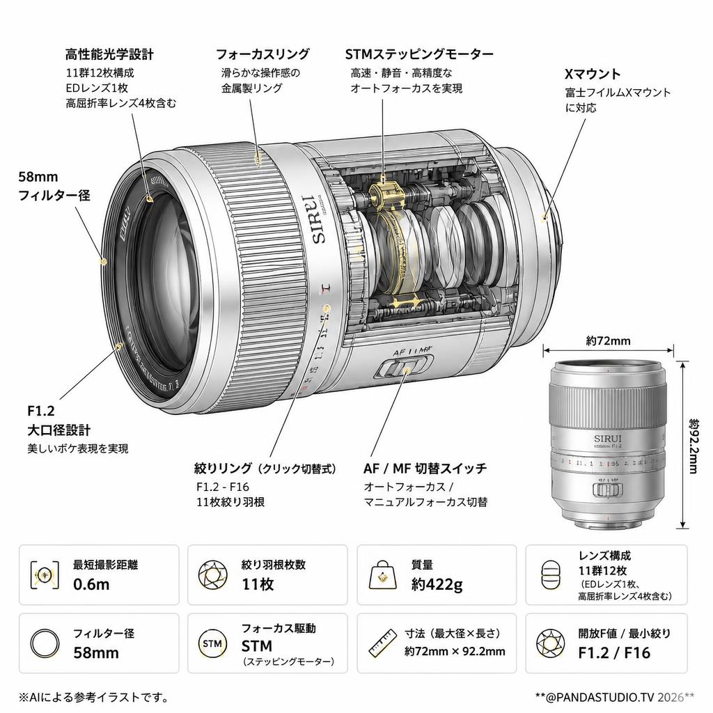 SIRUI Sniper 56mm F1.2 オートフォーカスレンズ Xマウント シルバー（56AS12X-S-JP) スペック