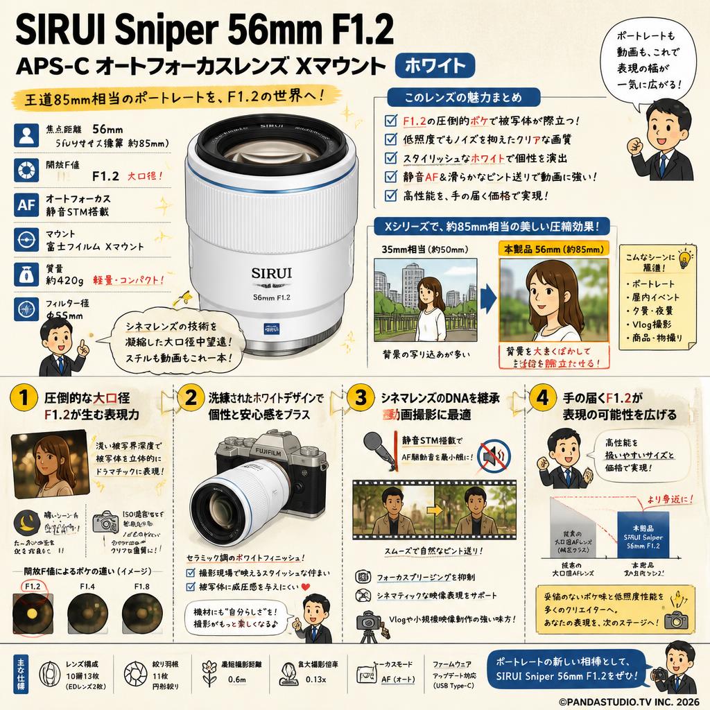 SIRUI Sniper 56mm F1.2 APS-C オートフォーカスレンズ Xマウント ホワイト（56AS12X-W-JP) 概要
