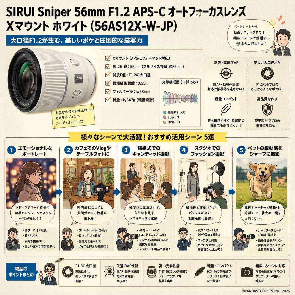 SIRUI Sniper 56mm F1.2 APS-C オートフォーカスレンズ Xマウント ホワイト（56AS12X-W-JP) 用途