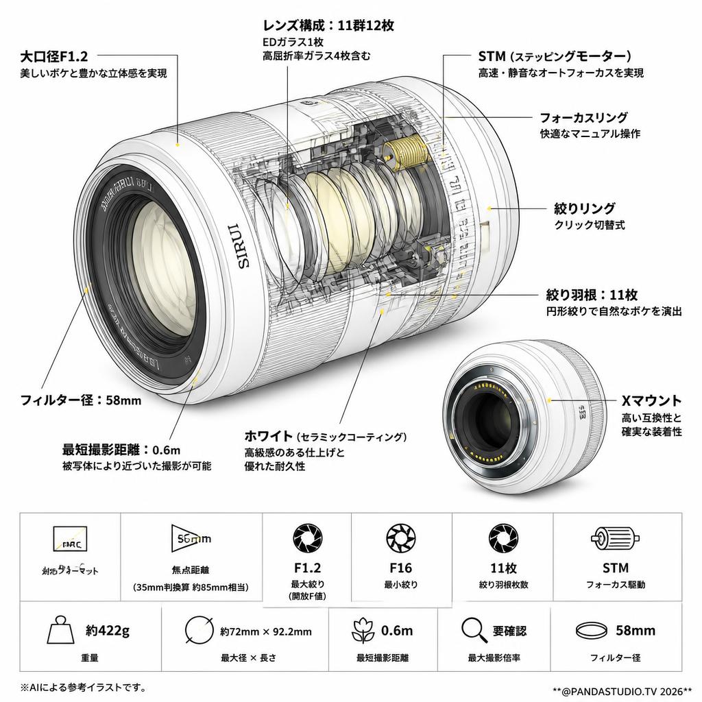 SIRUI Sniper 56mm F1.2 APS-C オートフォーカスレンズ Xマウント ホワイト（56AS12X-W-JP) スペック