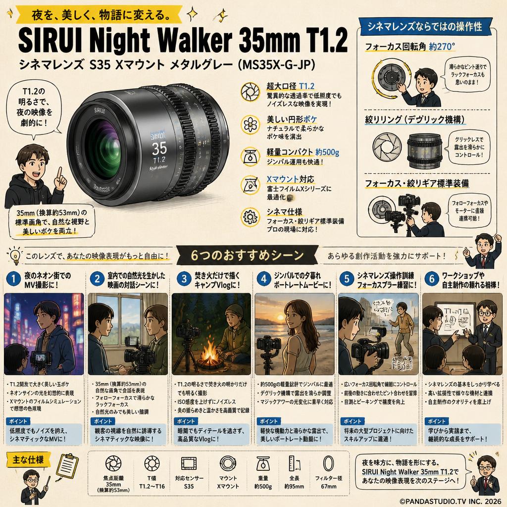 SIRUI Night Walker 35mm T1.2 シネマレンズ S35 Xマウント メタルグレー (MS35X-G-JP) 用途