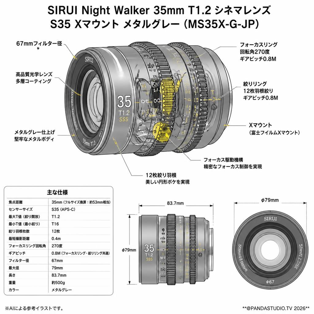 SIRUI Night Walker 35mm T1.2 シネマレンズ S35 Xマウント メタルグレー (MS35X-G-JP) スペック