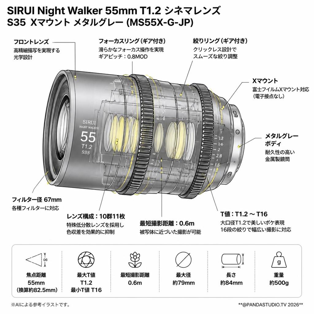 SIRUI Night Walker 55mm T1.2 シネマレンズ S35  Xマウント メタルグレー (MS55X-G-JP) スペック