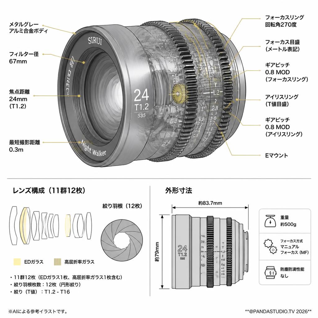 SIRUI Night Walker 24mm T1.2 シネマレンズ S35 Eマウント メタルグレー (MS24E-G-JP) スペック