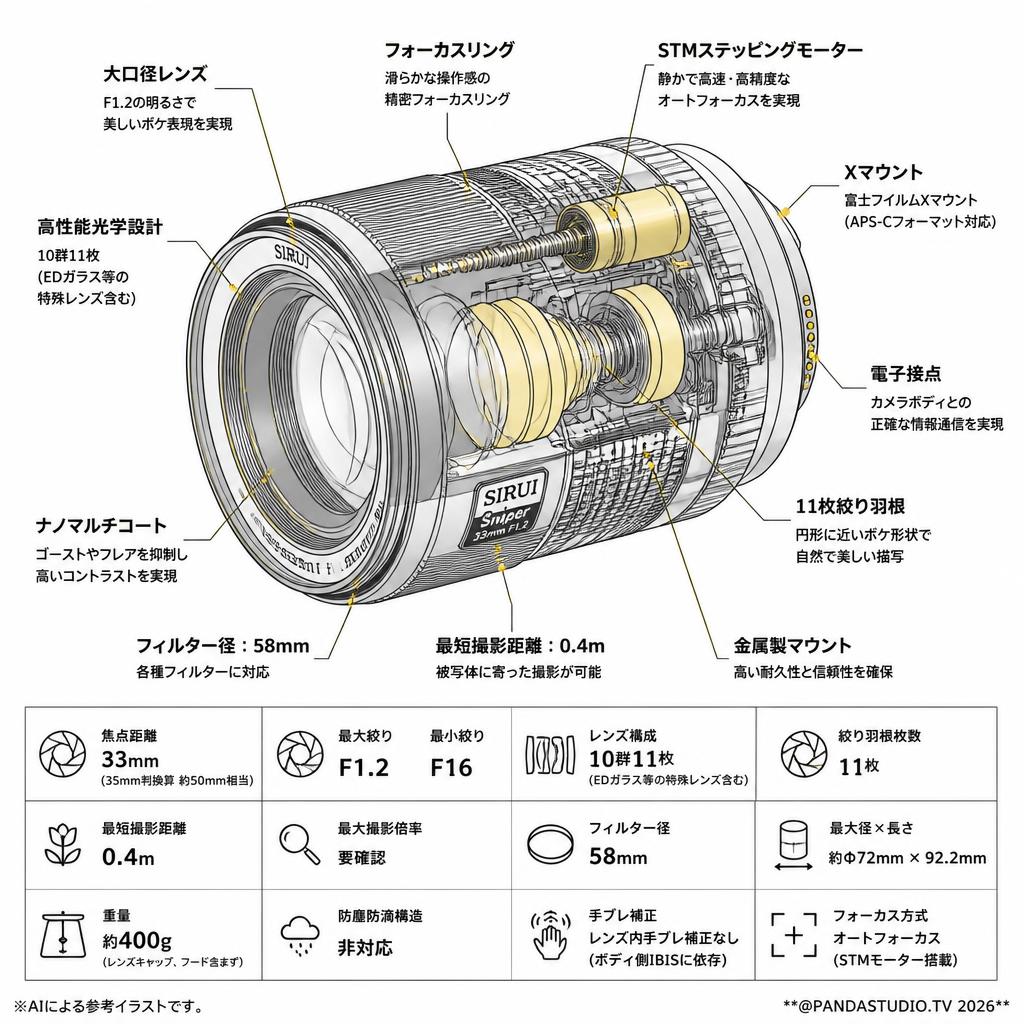SIRUI Sniper 33mm F1.2 オートフォーカスレンズ  Xマウント ブラック（33AS12X-B-JP) スペック