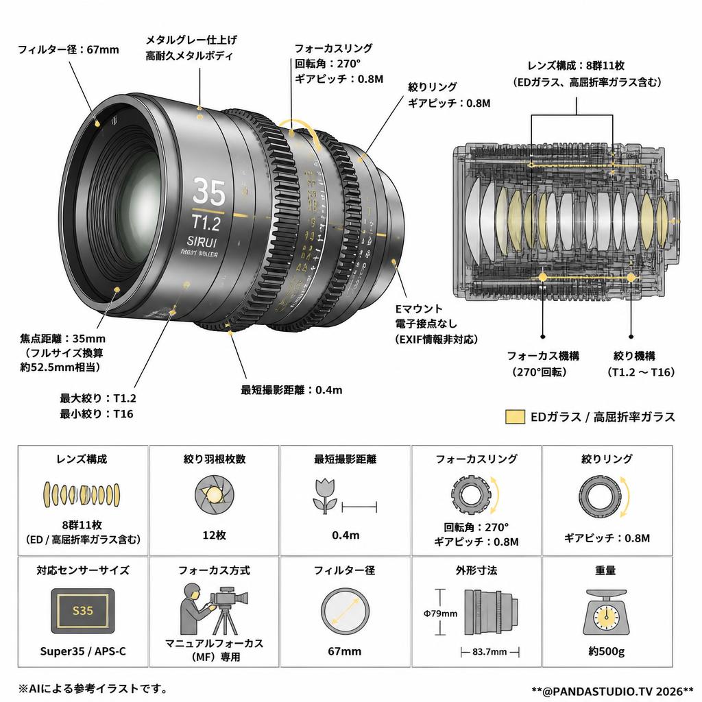 SIRUI Night Walker 35mm T1.2 シネマレンズ S35 Eマウント メタルグレー (MS35E-G-JP) スペック