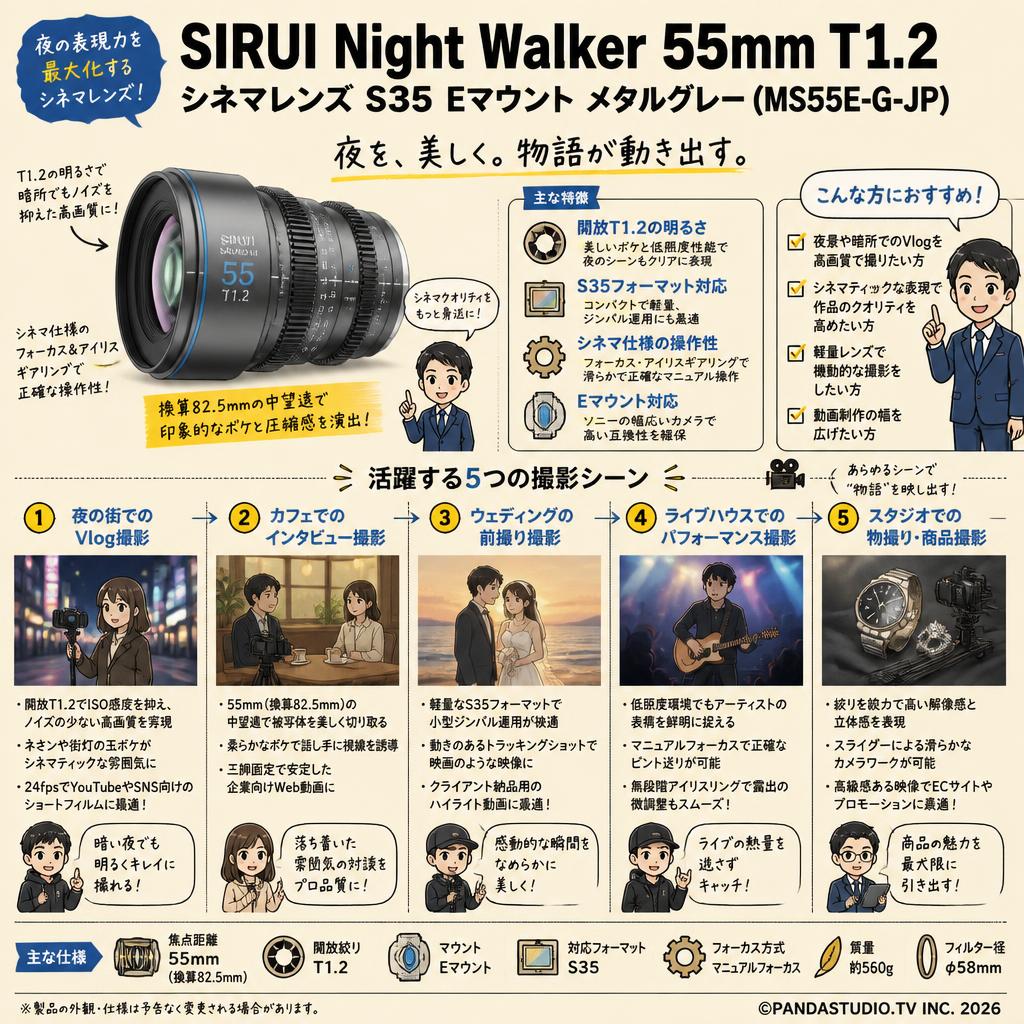 SIRUI Night Walker 55mm T1.2 シネマレンズ S35 Eマウント メタルグレー (MS55E-G-JP) 用途