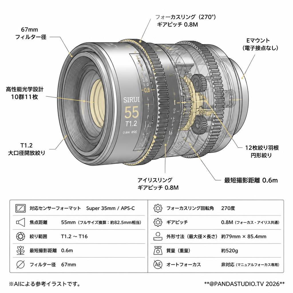SIRUI Night Walker 55mm T1.2 シネマレンズ S35 Eマウント メタルグレー (MS55E-G-JP) スペック