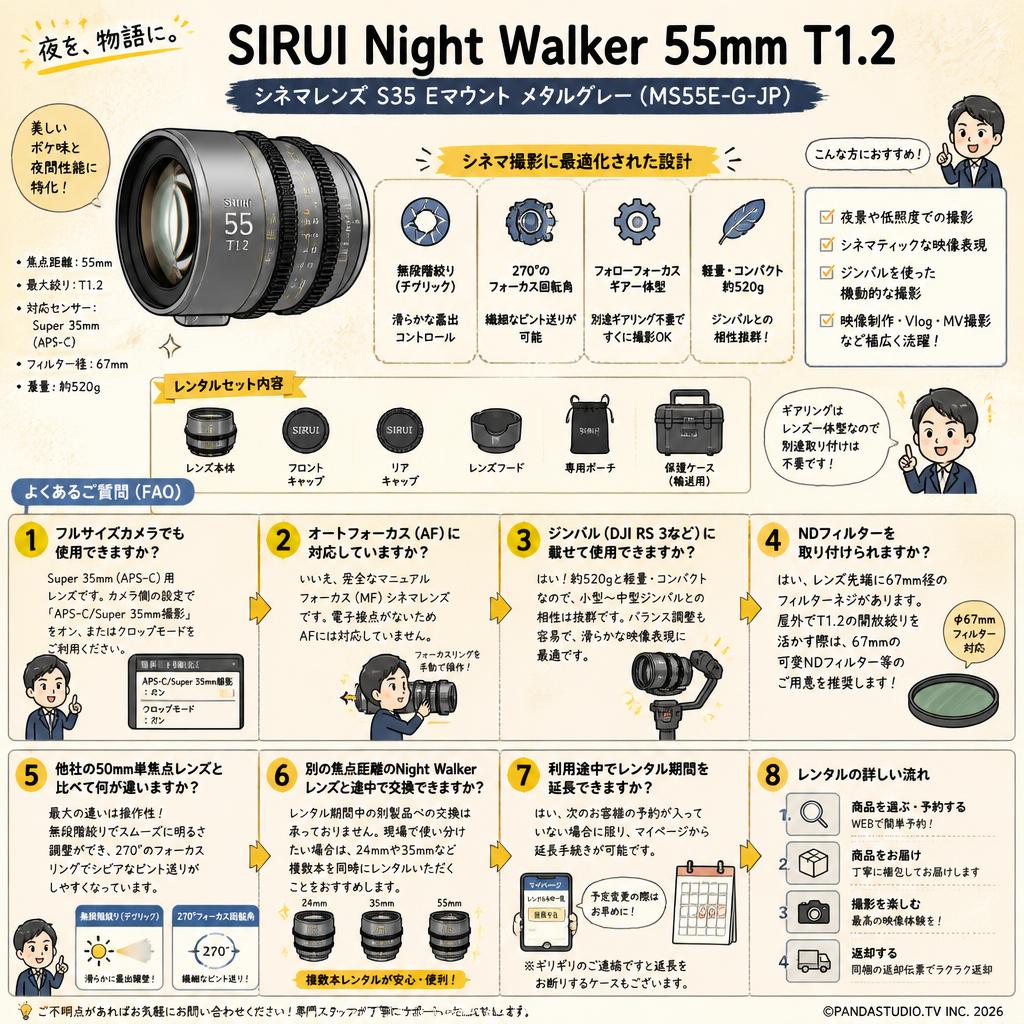 SIRUI Night Walker 55mm T1.2 シネマレンズ S35 Eマウント メタルグレー (MS55E-G-JP) FAQ（よくある質問と答え）