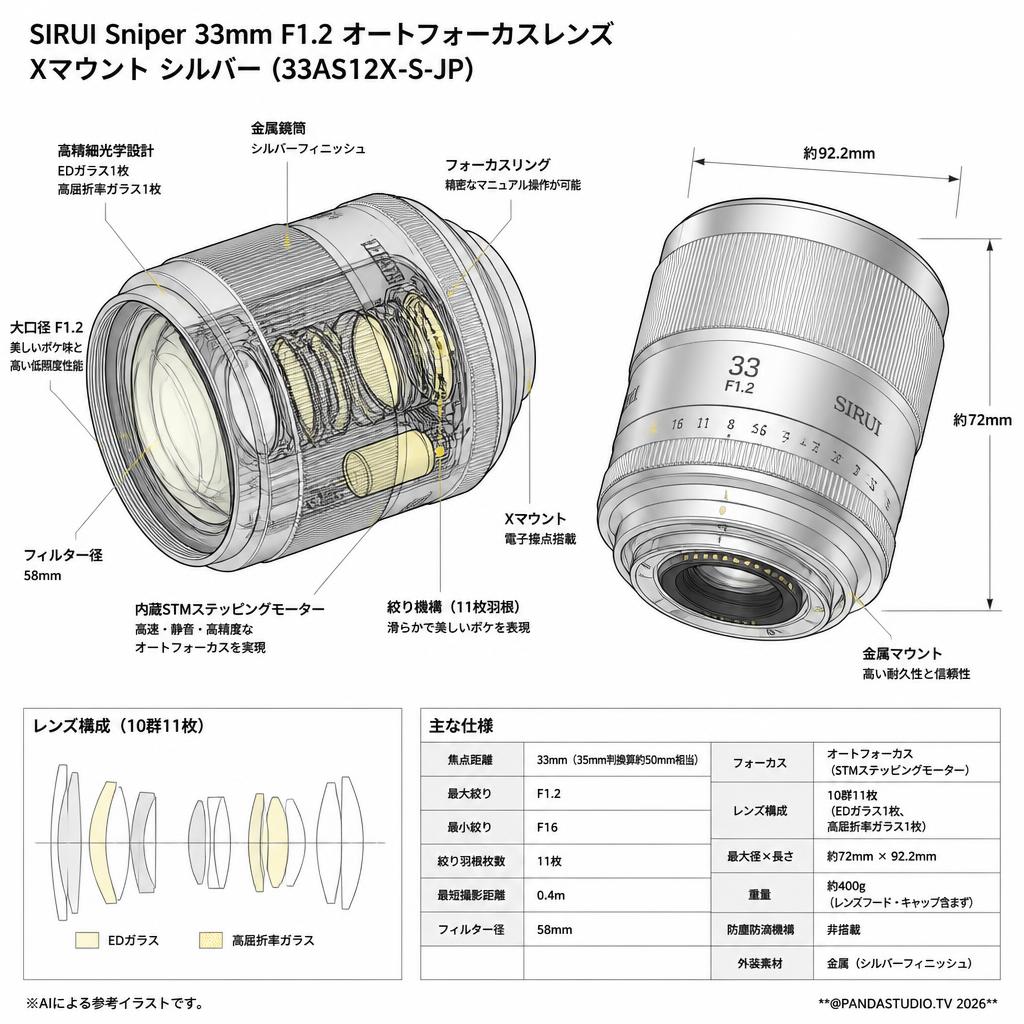 SIRUI Sniper 33mm F1.2 オートフォーカスレンズ  Xマウント シルバー (33AS12X-S-JP) スペック
