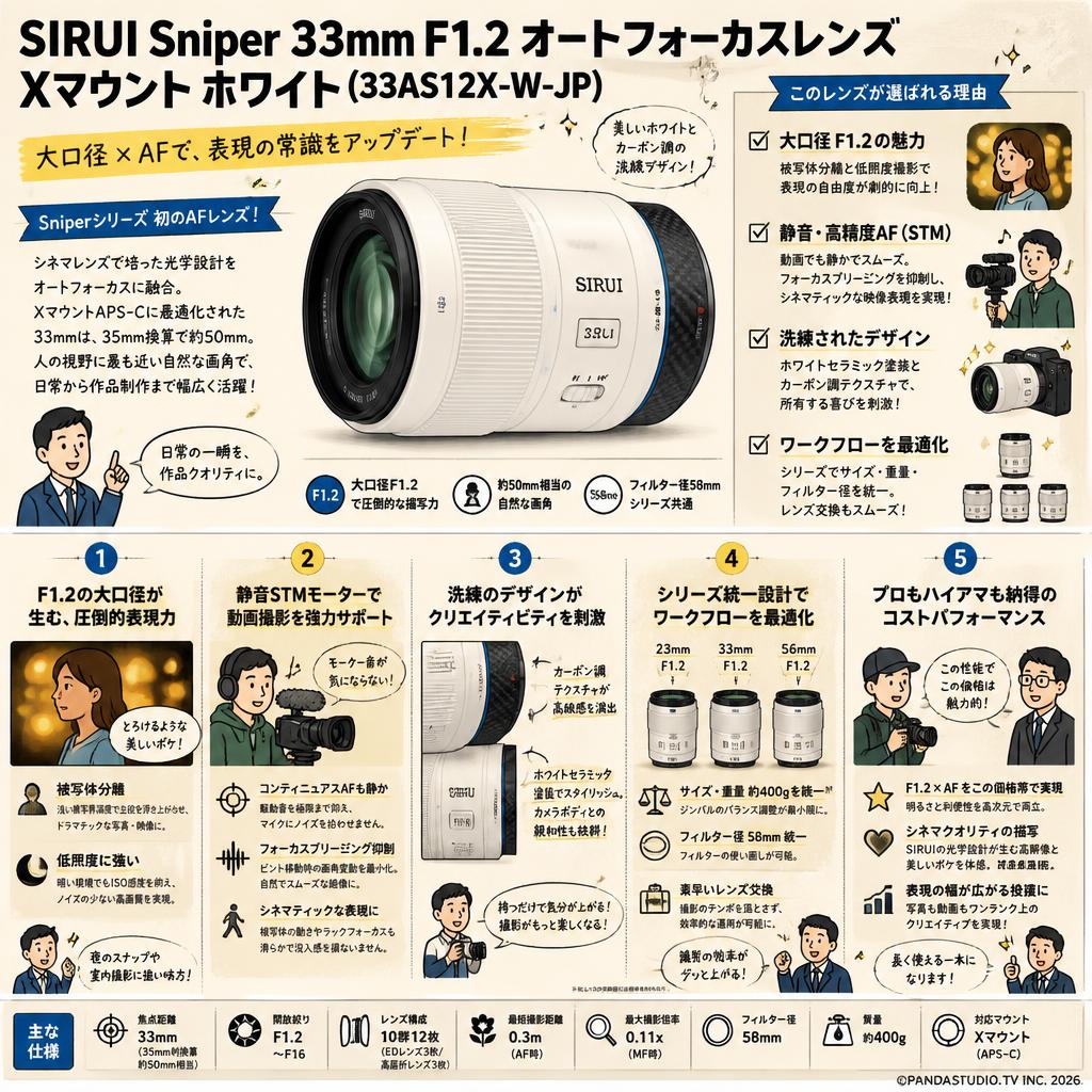 SIRUI Sniper 33mm F1.2 オートフォーカスレンズ Xマウント ホワイト(33AS12X-W-JP) 概要
