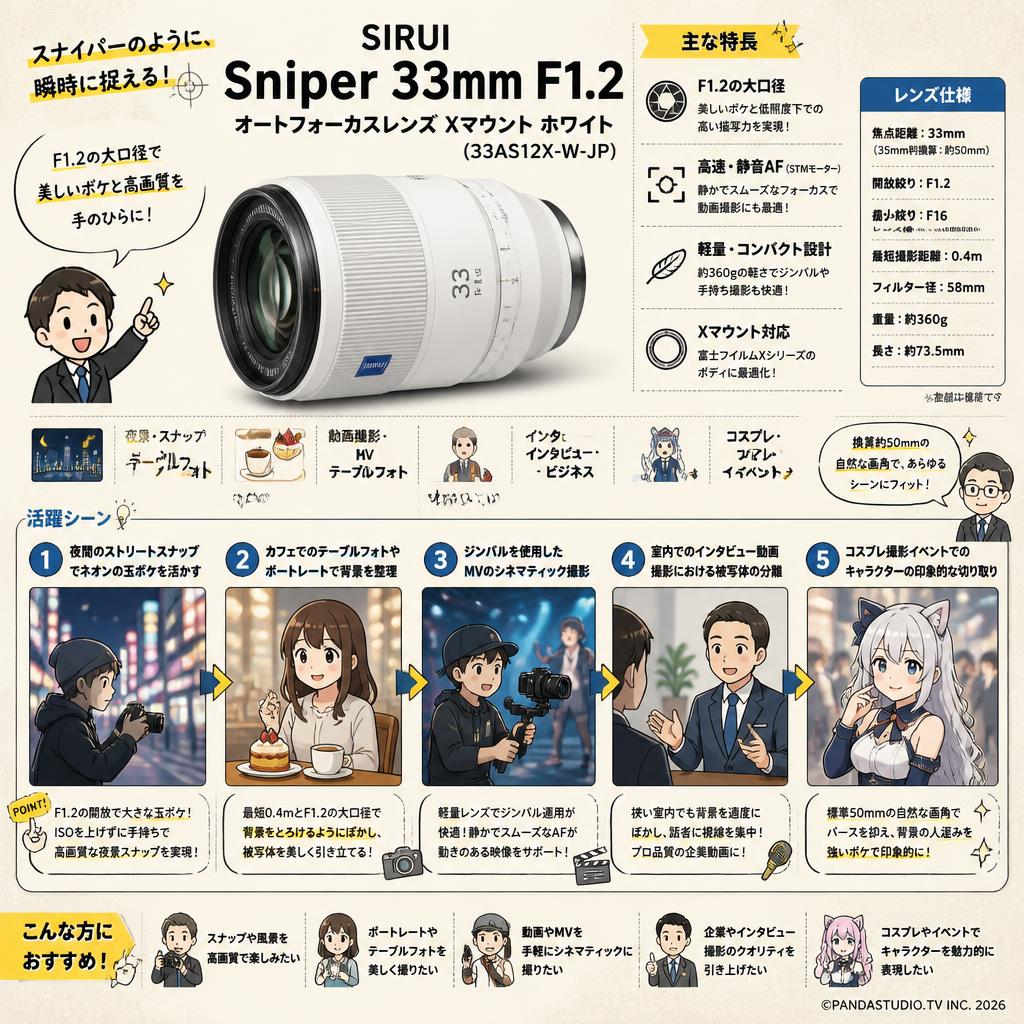 SIRUI Sniper 33mm F1.2 オートフォーカスレンズ Xマウント ホワイト(33AS12X-W-JP) 用途