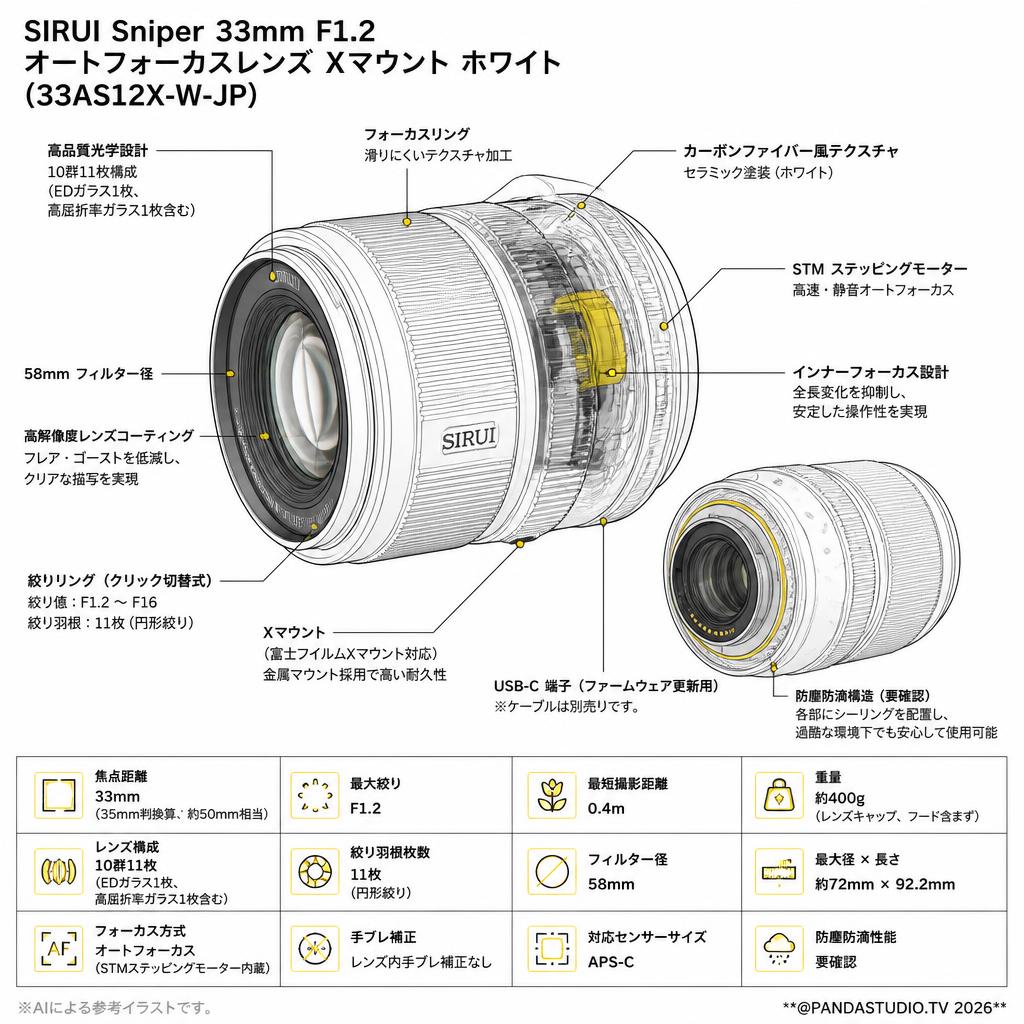 SIRUI Sniper 33mm F1.2 オートフォーカスレンズ Xマウント ホワイト(33AS12X-W-JP) スペック