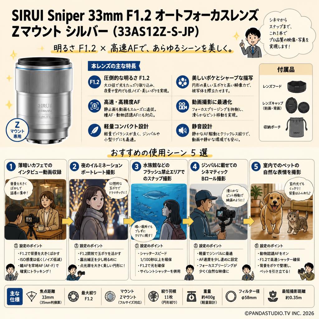 SIRUI Sniper 33mm F1.2 オートフォーカスレンズ Zマウント シルバー（33AS12Z-S-JP) 用途