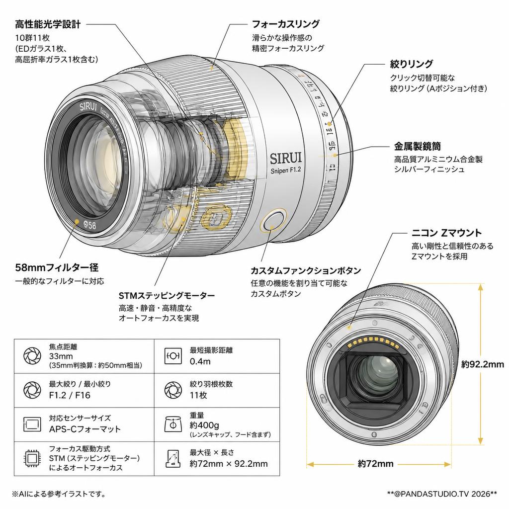 SIRUI Sniper 33mm F1.2 オートフォーカスレンズ Zマウント シルバー（33AS12Z-S-JP) スペック