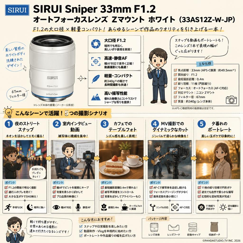SIRUI Sniper 33mm F1.2 オートフォーカスレンズ  Zマウント ホワイト（33AS12Z-W-JP） 用途